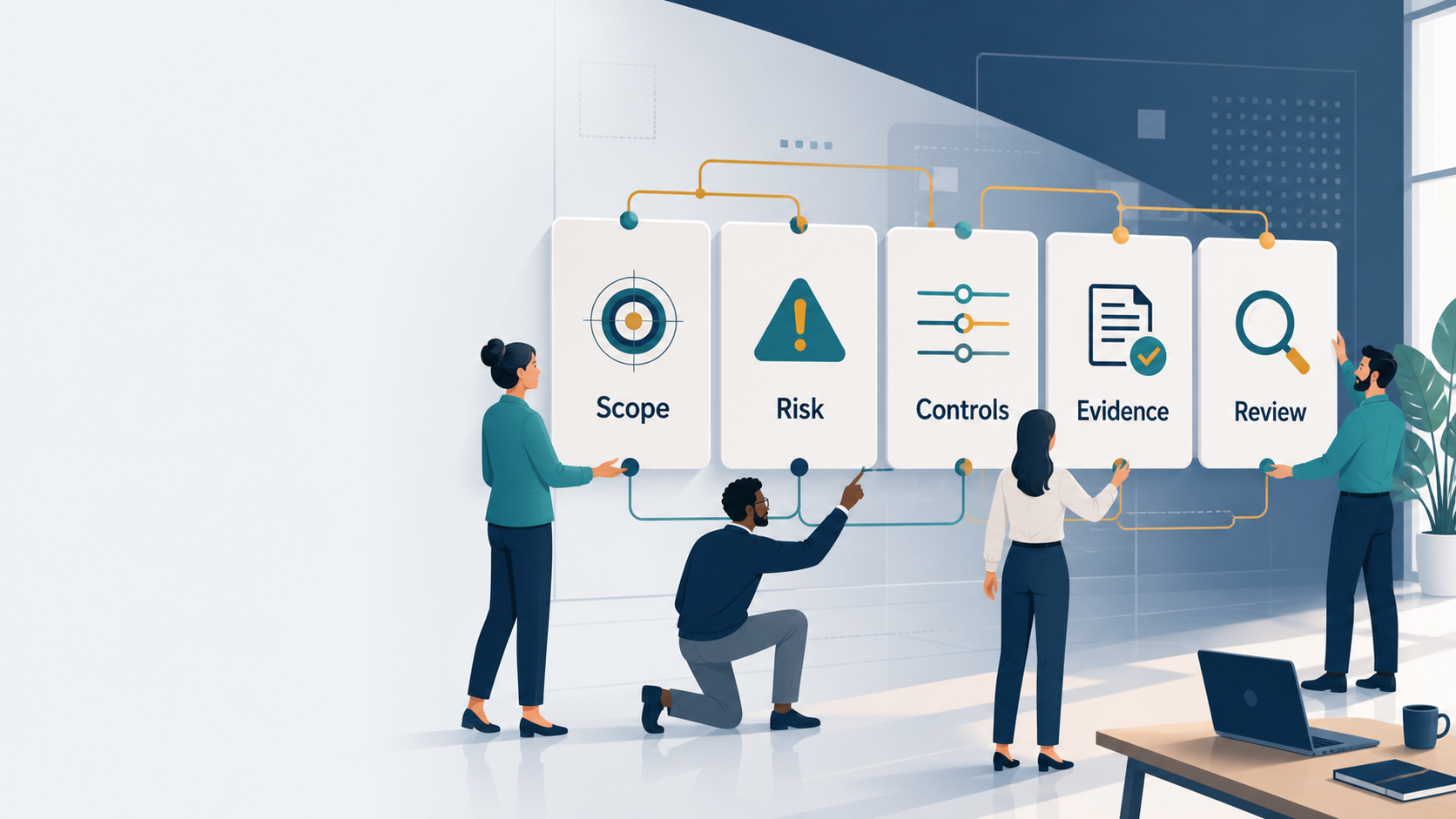 Compliance team mapping ISO 27001 scope, risks, controls, evidence and review.