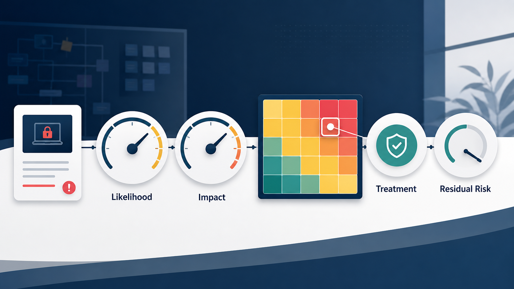 Information security risk assessed through likelihood, impact, treatment and residual risk.